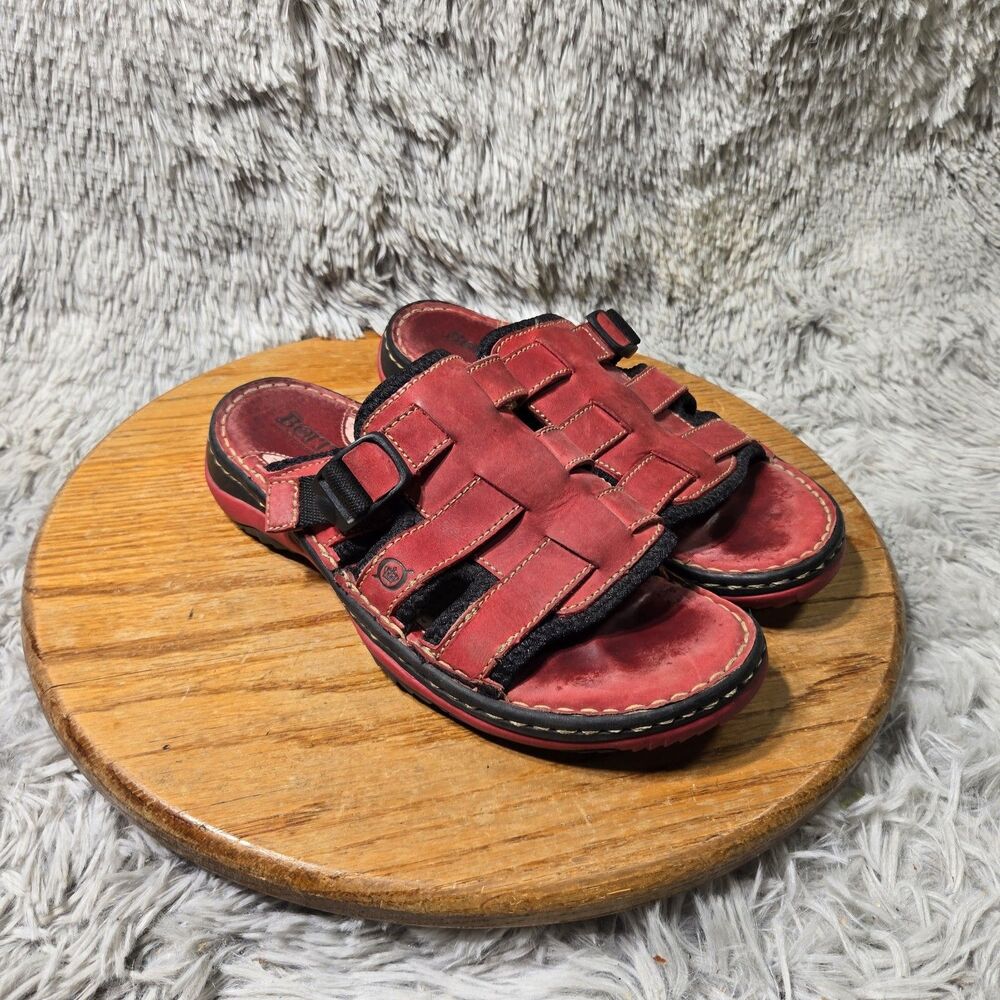 Born Red Burgundy Black Leather Fisherman Sandals Wmn 7/38 Woven Strap Buckle